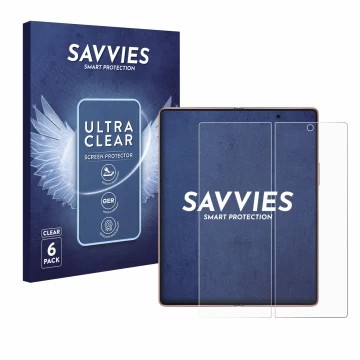 Front side of a product packaging with the brand logo Savvies. Next to it is the device Samsung Galaxy Z Fold 2 5G (Inner disp