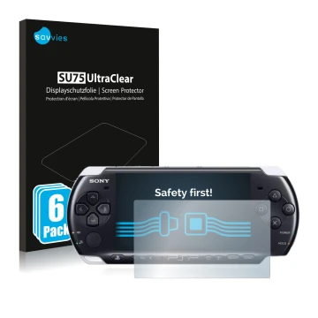 Front side of a product packaging with the brand logo Savvies. Next to it is the device Sony PSP 3003 shown with the correspon