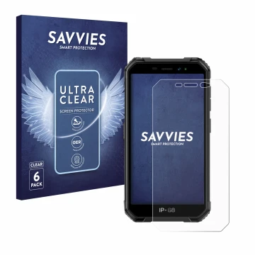 Front side of a product packaging with the brand logo Savvies. Next to it is the device Ulefone Armor X6 shown with the corres