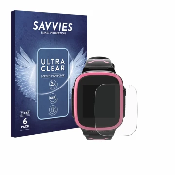 Front side of a product packaging with the brand logo Savvies. Next to it is the device Xplora X5 Play shown with the correspo