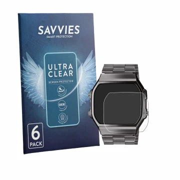 Front side of a product packaging with the brand logo Savvies. Next to it is the device Casio A168WEGG-1BEF shown with the cor