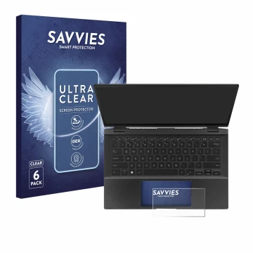 Front side of a product packaging with the brand logo Savvies. Next to it is the device ASUS ZenBook Flip 14 UX463FA (Touch Tr