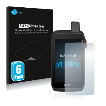Front side of a product packaging with the brand logo Savvies. Next to it is the device Garmin Montana 750i shown with the cor
