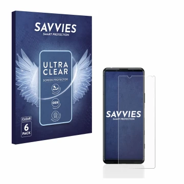 Front side of a product packaging with the brand logo Savvies. Next to it is the device Sony Xperia 5 II shown with the corres