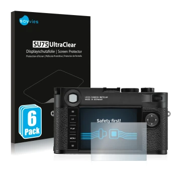 Front side of a product packaging with the brand logo Savvies. Next to it is the device Leica M10-R shown with the correspondi