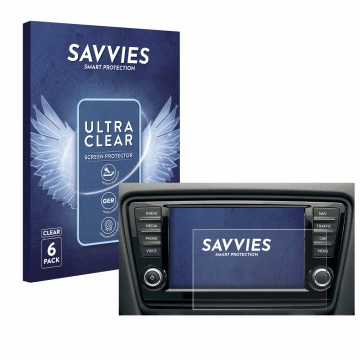Front side of a product packaging with the brand logo Savvies. Next to it is the device Skoda Octavia 8004-ANL 2016 Infotainme