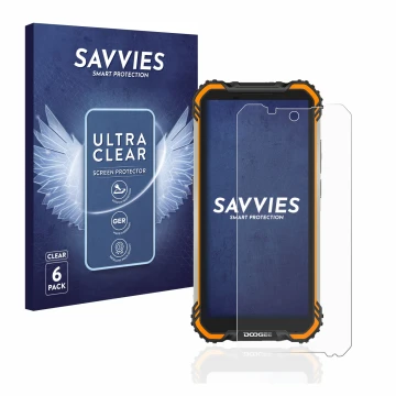 Front side of a product packaging with the brand logo Savvies. Next to it is the device Doogee S58 Pro shown with the correspo