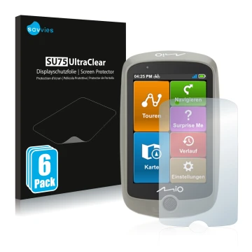 Front side of a product packaging with the brand logo Savvies. Next to it is the device Mitac Mio Cyclo Discover shown with th