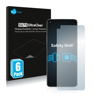 Front side of a product packaging with the brand logo Savvies. Next to it is the device OnePlus 8T shown with the correspondin