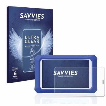 Front side of a product packaging with the brand logo Savvies. Next to it is the device Clementoni Clempad 9 Plus shown with t