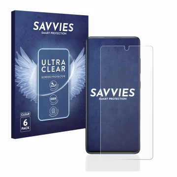 Front side of a product packaging with the brand logo Savvies. Next to it is the device Samsung Galaxy S20 FE shown with the c