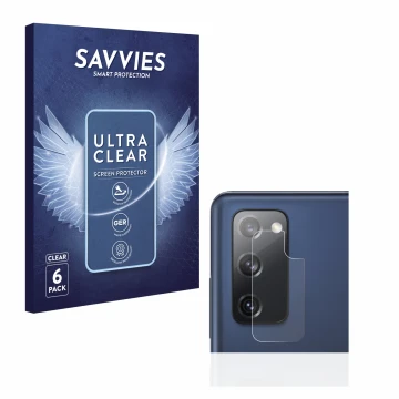 Front side of a product packaging with the brand logo Savvies. Next to it is the device Samsung Galaxy S20 FE (ONLY Camera Len