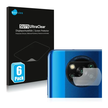 Front side of a product packaging with the brand logo Savvies. Next to it is the device Xiaomi Poco X3 NFC (ONLY Camera Lens) 