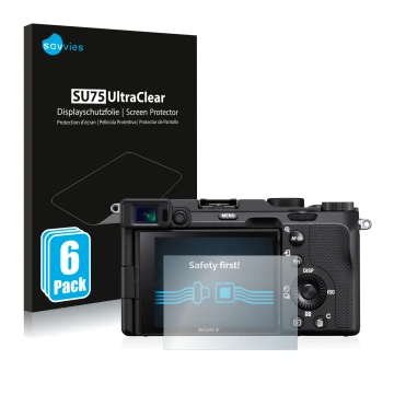 Front side of a product packaging with the brand logo Savvies. Next to it is the device Sony A7C shown with the corresponding 