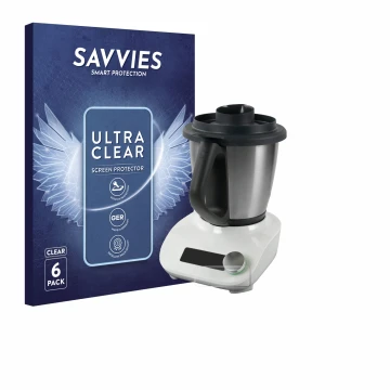 Front side of a product packaging with the brand logo Savvies. Next to it is the device Vorwerk Thermomix Friend shown with th