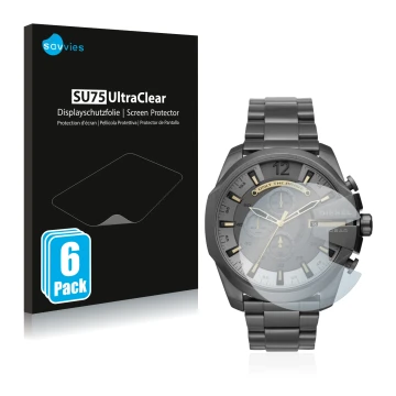 Front side of a product packaging with the brand logo Savvies. Next to it is the device Diesel Chronograph DZ4466 shown with t