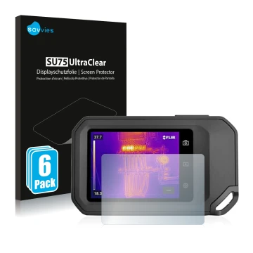 Front side of a product packaging with the brand logo Savvies. Next to it is the device Flir C5 shown with the corresponding s