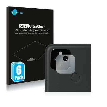 Front side of a product packaging with the brand logo Savvies. Next to it is the device Google Pixel 4a 5G (ONLY Camera Lens) 