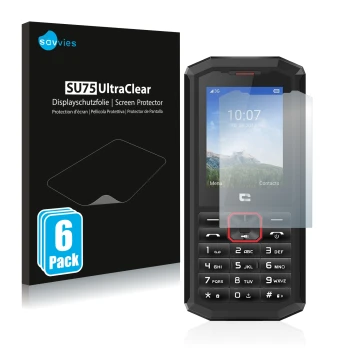 Front side of a product packaging with the brand logo Savvies. Next to it is the device Crosscall Spider X5 shown with the cor