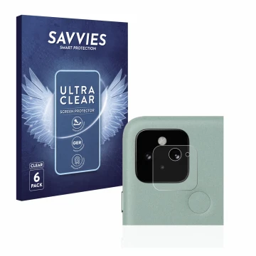 Front side of a product packaging with the brand logo Savvies. Next to it is the device Google Pixel 5 (ONLY Camera Lens) show