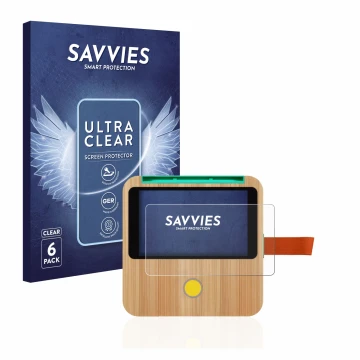 Front side of a product packaging with the brand logo Savvies. Next to it is the device tigerbox Touch shown with the correspo