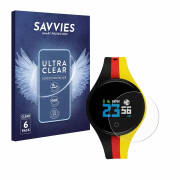 Front side of a product packaging with the brand logo Savvies. Next to it is the device Xlyne X-Watch EuroChamp shown with the