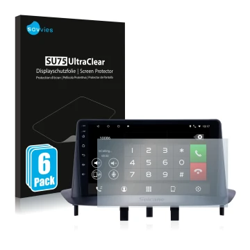 Front side of a product packaging with the brand logo Savvies. Next to it is the device Pioneer AVH-Z5200DAB shown with the co