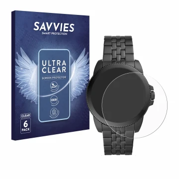 Front side of a product packaging with the brand logo Savvies. Next to it is the device Fossil Gen 5E shown with the correspon