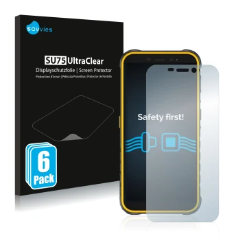 Front side of a product packaging with the brand logo Savvies. Next to it is the device Ulefone Armor X8 shown with the corres