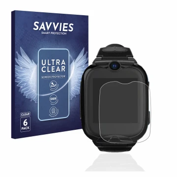 Front side of a product packaging with the brand logo Savvies. Next to it is the device Xplora Go 2 shown with the correspondi