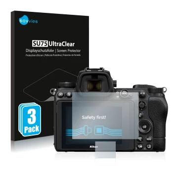 Front side of a product packaging with the brand logo Savvies. Next to it is the device Nikon Z 7 II shown with the correspond