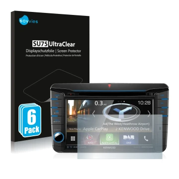 Front side of a product packaging with the brand logo Savvies. Next to it is the device Kenwood DNX518VDABS shown with the cor