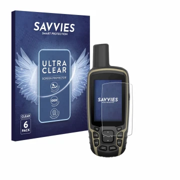 Front side of a product packaging with the brand logo Savvies. Next to it is the device Garmin GPSMAP 65s shown with the corre