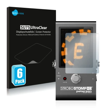 Front side of a product packaging with the brand logo Savvies. Next to it is the device Peterson Strobostomp HD shown with the