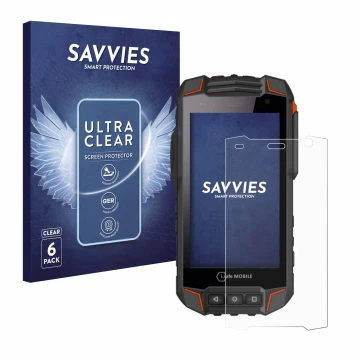 Front side of a product packaging with the brand logo Savvies. Next to it is the device i.safe MOBILE IS530.1 shown with the c