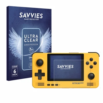 Front side of a product packaging with the brand logo Savvies. Next to it is the device Retroid Pocket 2 shown with the corres