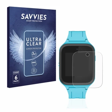 Front side of a product packaging with the brand logo Savvies. Next to it is the device TCL Movetime FamilyWatch Kids MT40X sh