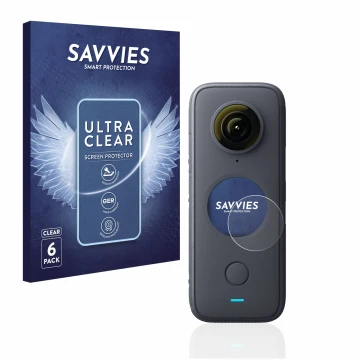 Front side of a product packaging with the brand logo Savvies. Next to it is the device Insta360 One X2 shown with the corresp
