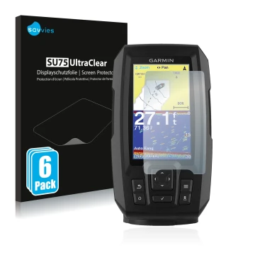 Front side of a product packaging with the brand logo Savvies. Next to it is the device Garmin Striker Vivid 4cv shown with th