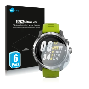 Front side of a product packaging with the brand logo Savvies. Next to it is the device Coros Apex Pro shown with the correspo