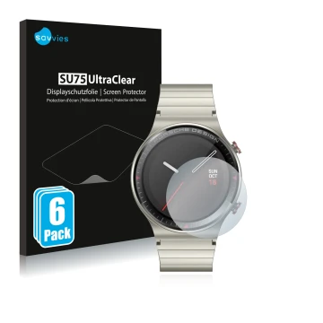 Front side of a product packaging with the brand logo Savvies. Next to it is the device Huawei Watch GT 2 Porsche Design shown