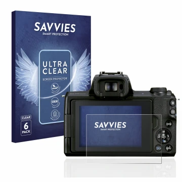 Front side of a product packaging with the brand logo Savvies. Next to it is the device Canon EOS M50 Mark II shown with the c