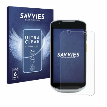 Front side of a product packaging with the brand logo Savvies. Next to it is the device Zebra TC57x shown with the correspondi