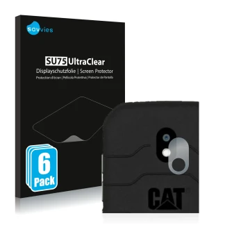 Front side of a product packaging with the brand logo Savvies. Next to it is the device Caterpillar Cat S42 (ONLY Camera Lens)