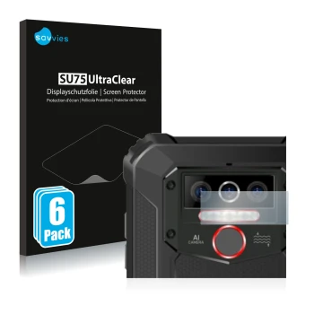 Front side of a product packaging with the brand logo Savvies. Next to it is the device Oukitel WP5 Pro (ONLY Camera Lens) sho