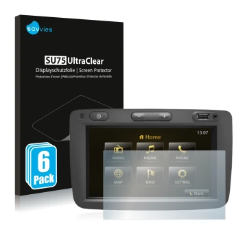Front side of a product packaging with the brand logo Savvies. Next to it is the device Dacia Duster 2 2019 Infotainment Syste