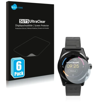 Front side of a product packaging with the brand logo Savvies. Next to it is the device Montblanc Summit Lite shown with the c