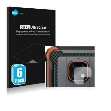 Front side of a product packaging with the brand logo Savvies. Next to it is the device Blackview BV4900 Pro (ONLY Camera Lens