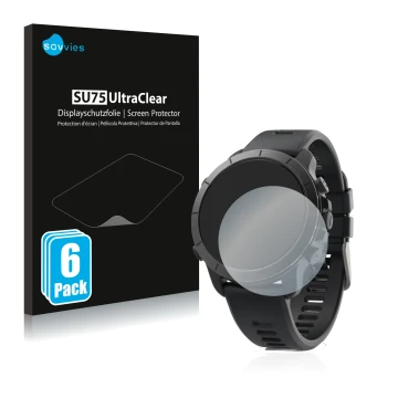 Front side of a product packaging with the brand logo Savvies. Next to it is the device Wahoo Elemnt Rival shown with the corr