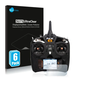 Front side of a product packaging with the brand logo Savvies. Next to it is the device Spektrum NX6 shown with the correspond